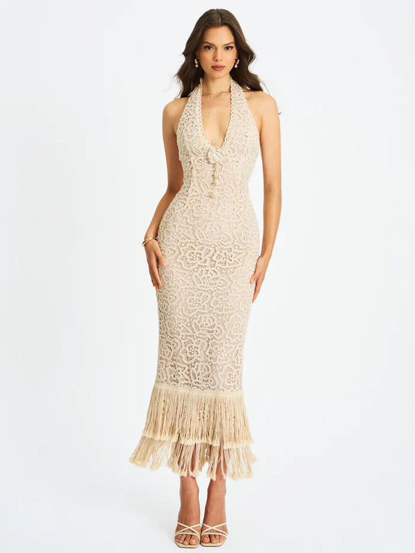 Of White Double Fringe Crochet Halter Maxi Dress