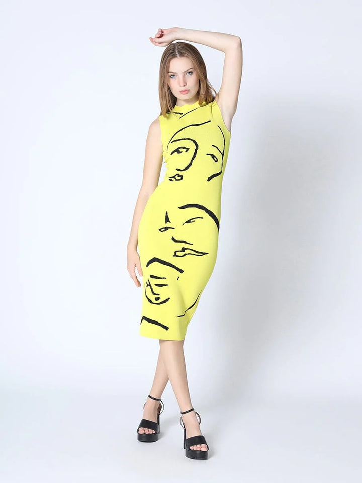 Dresses - Face-Line Print H-Line Knit Dress - Marian Style Boutique