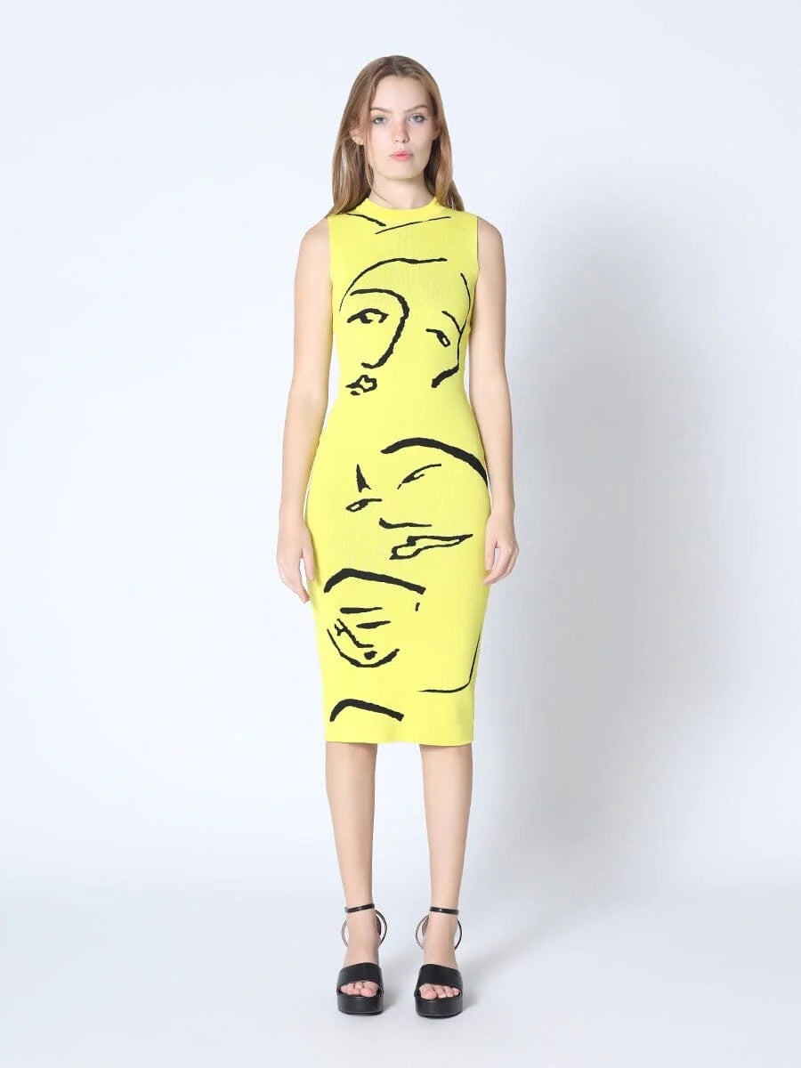 Dresses - Face-Line Print H-Line Knit Dress