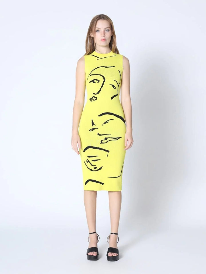 Dresses - Face-Line Print H-Line Knit Dress - Marian Style Boutique
