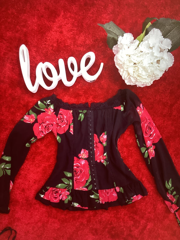 Blouse - floral puff sleeve blouse red and black - Marian Style Boutique