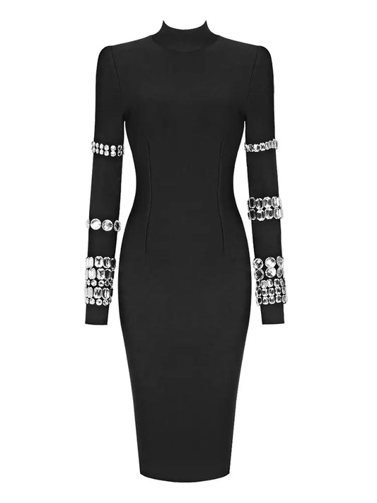 Marian Style Studded Long Sleeve High Neck Bandage Knit Dress