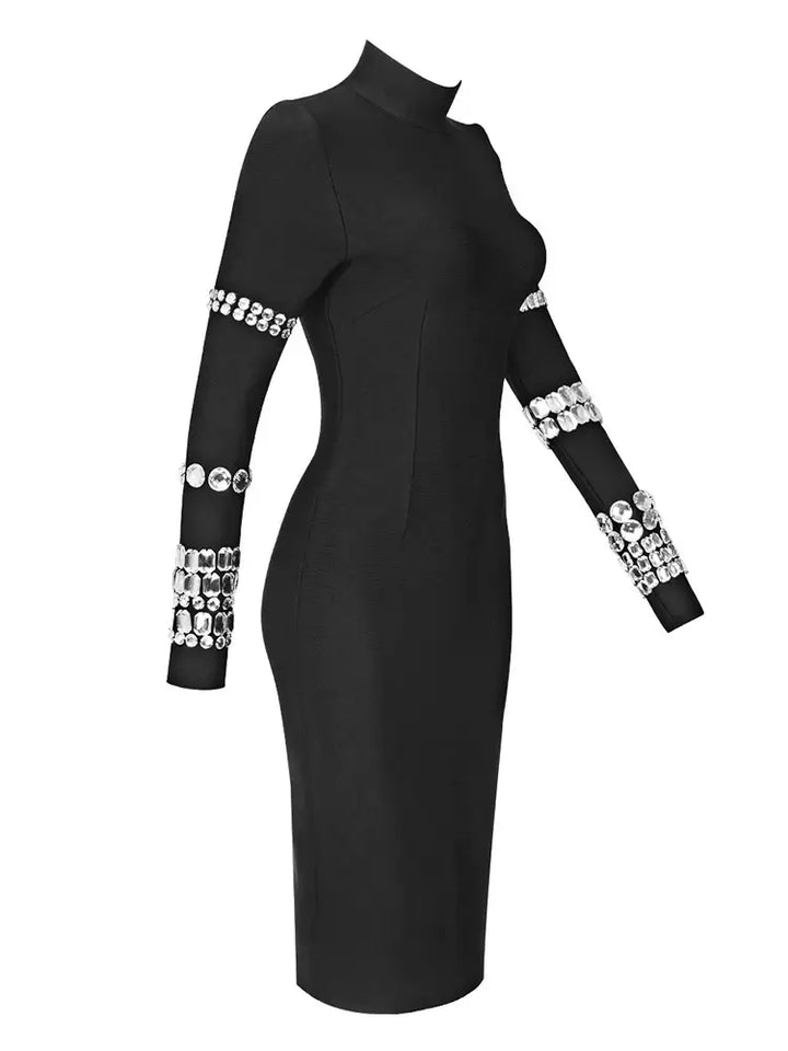 Marian Style Studded Long Sleeve High Neck Bandage Knit Dress - Marian Style Boutique