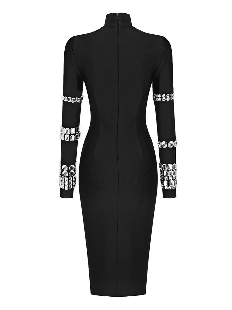 Marian Style Studded Long Sleeve High Neck Bandage Knit Dress