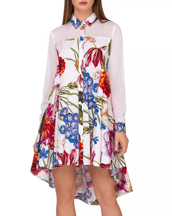 Shirt Dress- Mesh Sleeve & Shoulder Floral Print Dress - Marian Style Boutique