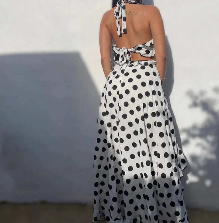 Dresses - attach Dress- polka dotted black and white dress with no sleeves designed top stripes - Marian Style Boutique