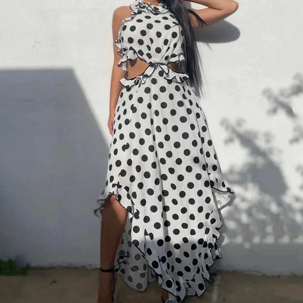 Dresses - attach Dress- polka dotted black and white dress with no sleeves designed top stripes - Marian Style Boutique