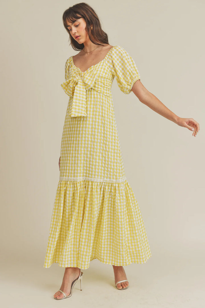 Dress-Yellow Plaid Ribbon Tie Dress - Marian Style Boutique