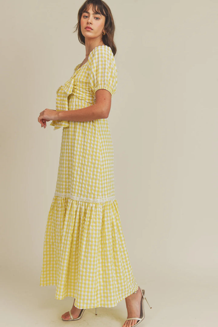 Dress-Yellow Plaid Ribbon Tie Dress - Marian Style Boutique