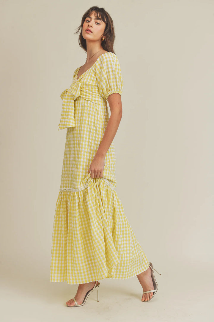 Dress-Yellow Plaid Ribbon Tie Dress - Marian Style Boutique