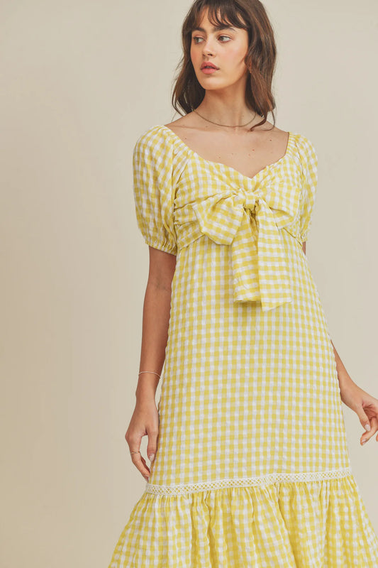 Dress-Yellow Plaid Ribbon Tie Dress