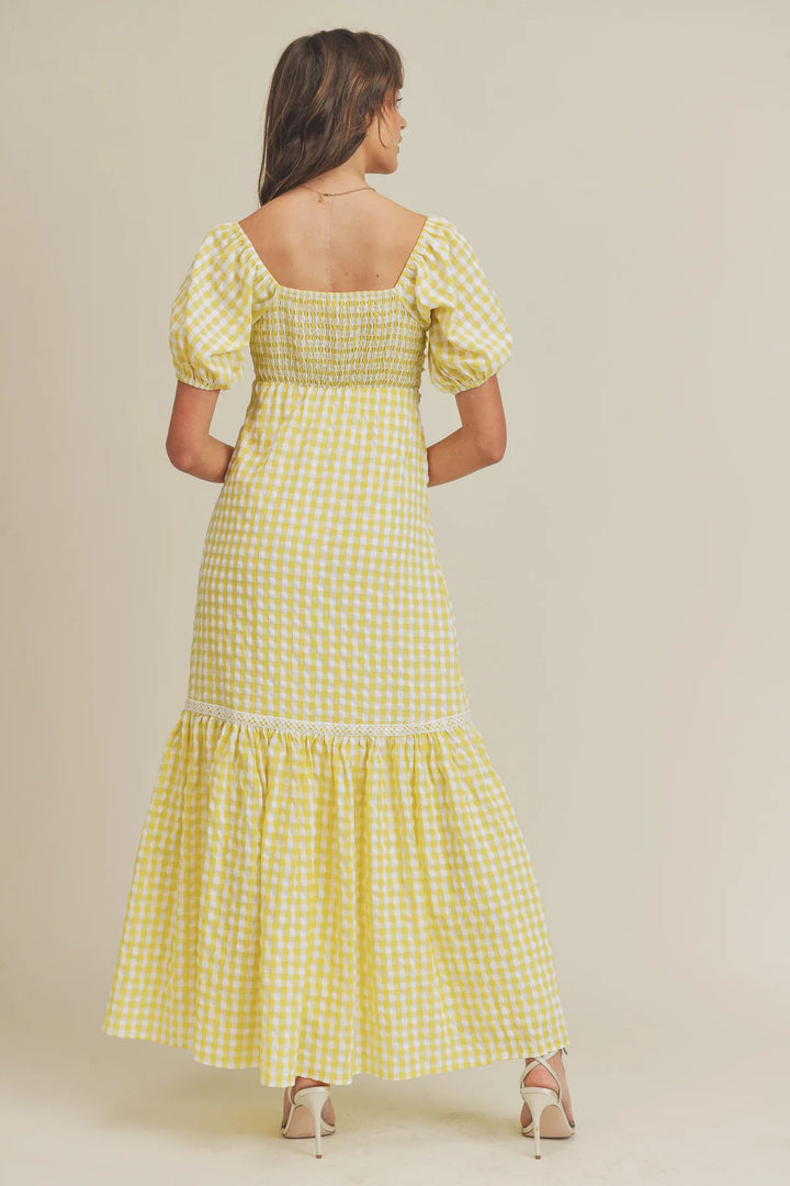 Dress-Yellow Plaid Ribbon Tie Dress - Marian Style Boutique
