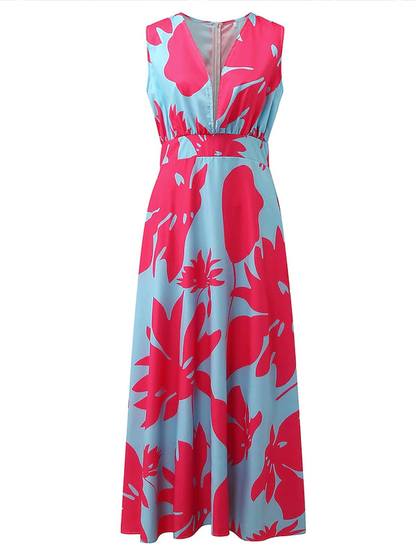 Dress- Print Zipper Deep V Neck Loose Plain Solid Color Elastic Waist - Marian Style Boutique