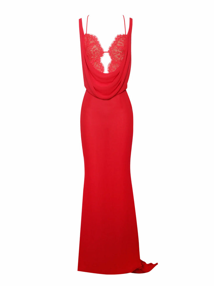 Marian Style Red Chiffon Lace Backless Maxi Train Dress - Marian Style Boutique