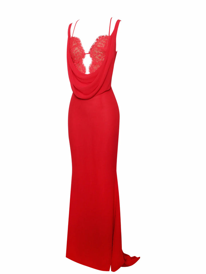 Marian Style Red Chiffon Lace Backless Maxi Train Dress - Marian Style Boutique
