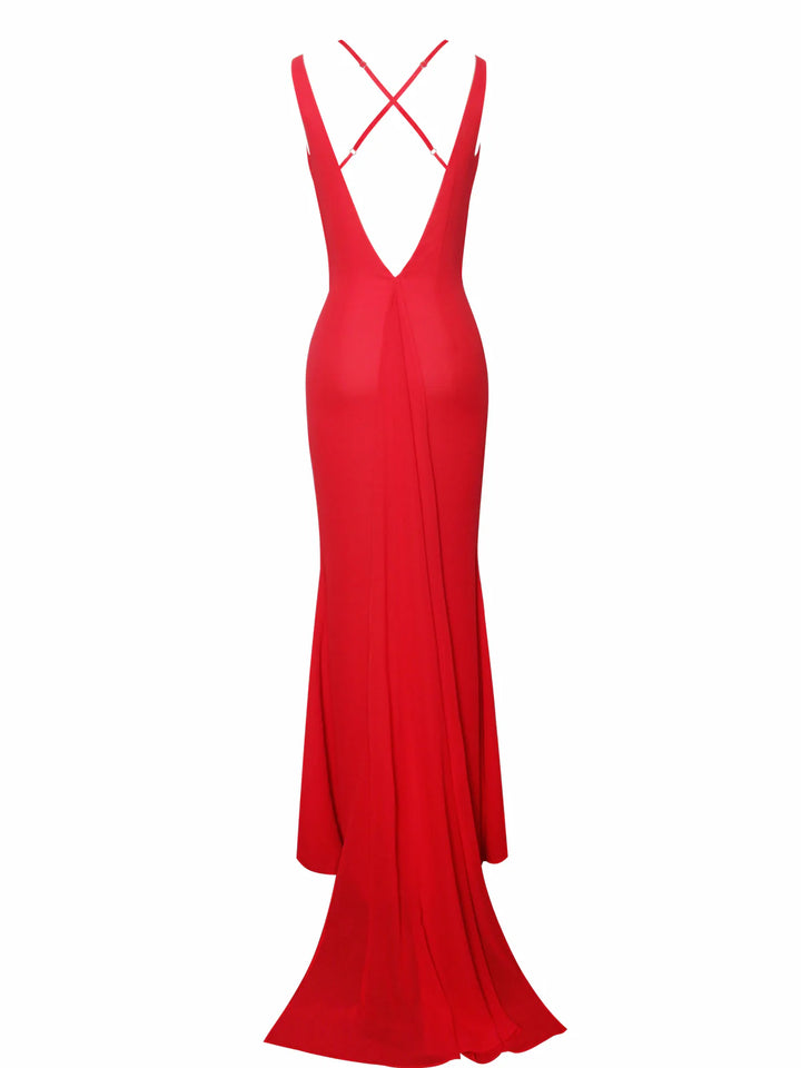 Marian Style Red Chiffon Lace Backless Maxi Train Dress - Marian Style Boutique