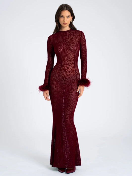 Marian Style Burgundy Leopard Burnout Velvet Mesh Backless Maxi Dress