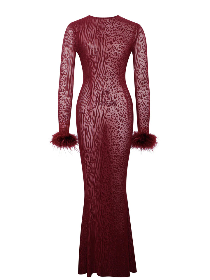 Marian Style Burgundy Leopard Burnout Velvet Mesh Backless Maxi Dress - Marian Style Boutique