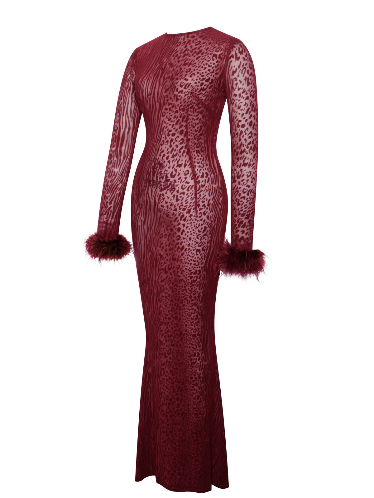 Marian Style Burgundy Leopard Burnout Velvet Mesh Backless Maxi Dress