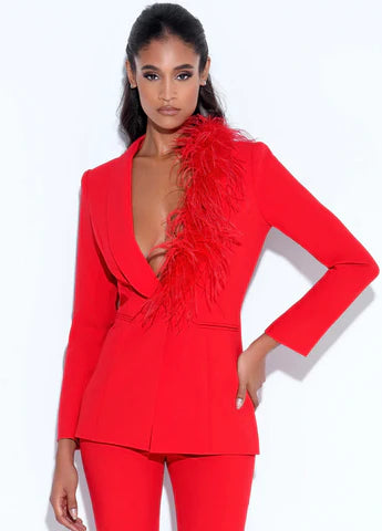 MARIAN STYLE SUIT FEATHER TRIM BLAZER - Marian Style Boutique