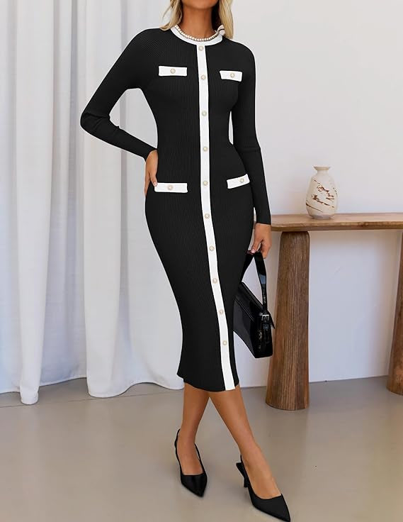Marian Style Women's Ribbed Crewneck Sweater Dress 2024 Fall Winter Long Sleeve Button Color Block Knit Midi Dresses - Marian Style Boutique
