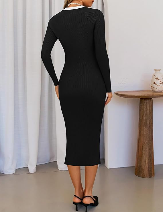 Marian Style Women's Ribbed Crewneck Sweater Dress 2024 Fall Winter Long Sleeve Button Color Block Knit Midi Dresses - Marian Style Boutique