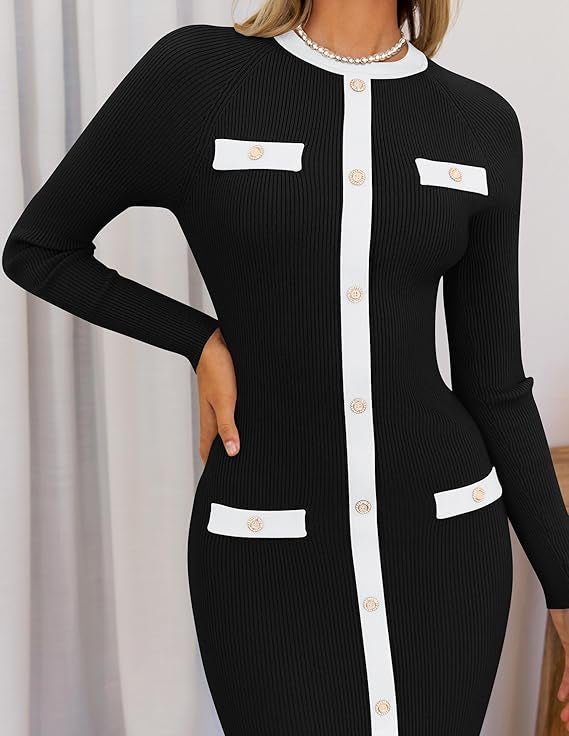 Marian Style Women's Ribbed Crewneck Sweater Dress 2024 Fall Winter Long Sleeve Button Color Block Knit Midi Dresses - Marian Style Boutique