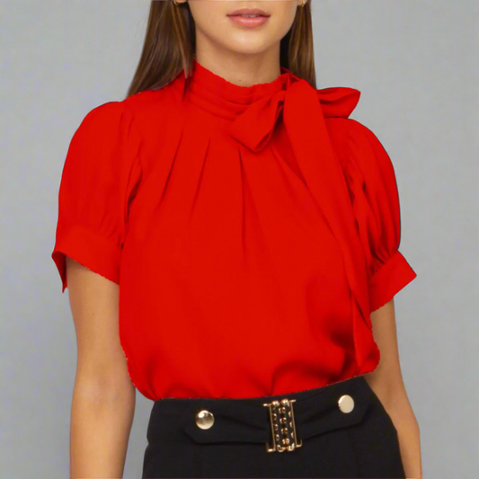 Blouse- Red pleated design  knife pleated mock neck with scarf detail  short puff sleeves.