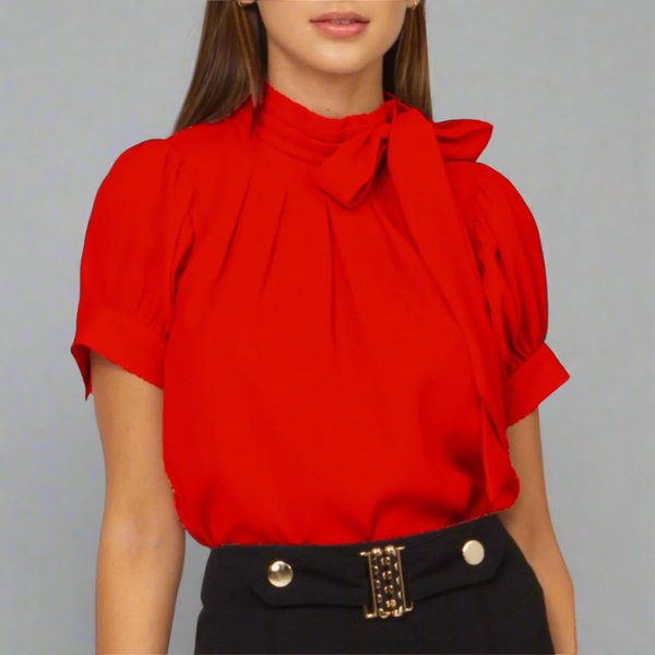 Blouse- Red pleated design knife pleated mock neck with scarf detail short puff sleeves. - Marian Style Boutique