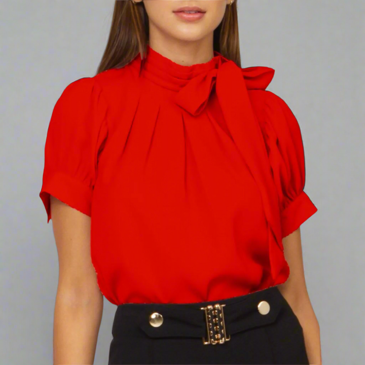 Blouse- Red pleated design knife pleated mock neck with scarf detail short puff sleeves. - Marian Style Boutique