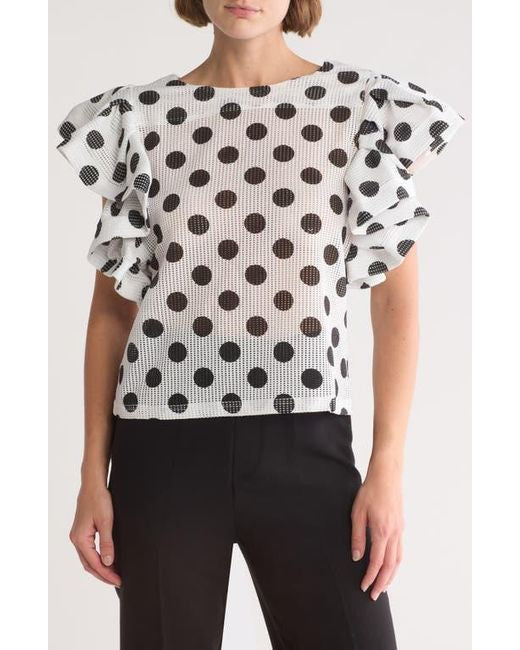 Blouse- Polka Dot blouse with Ruffle on Shoulder