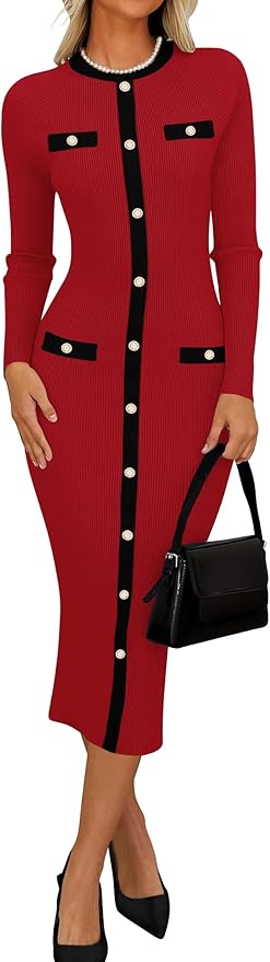 Marian Style Women's Ribbed Crewneck Sweater Dress 2024 Fall Winter Long Sleeve Button Color Block Knit Midi Dresses