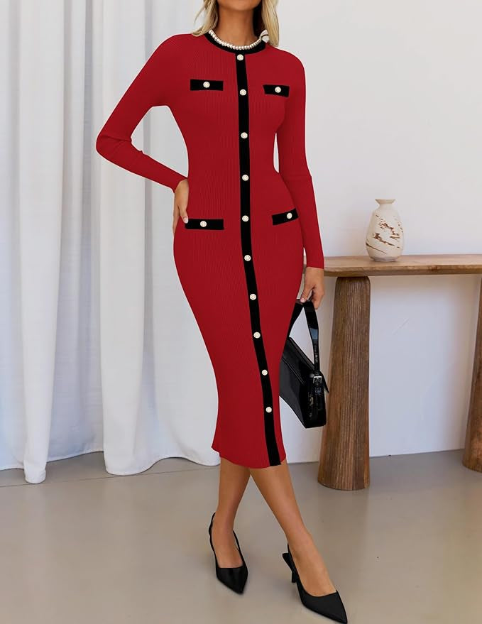 Marian Style Women's Ribbed Crewneck Sweater Dress 2024 Fall Winter Long Sleeve Button Color Block Knit Midi Dresses - Marian Style Boutique
