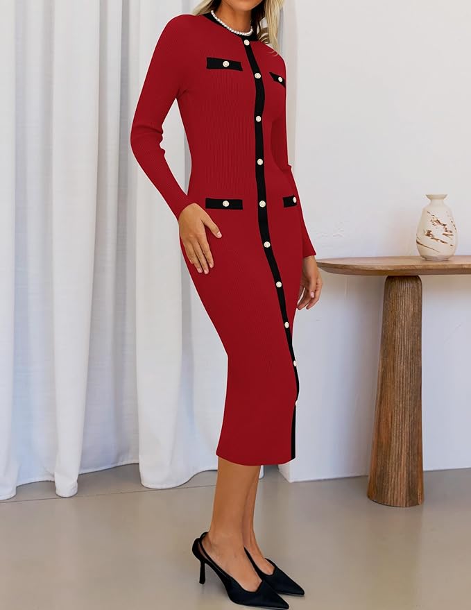 Marian Style Women's Ribbed Crewneck Sweater Dress 2024 Fall Winter Long Sleeve Button Color Block Knit Midi Dresses - Marian Style Boutique