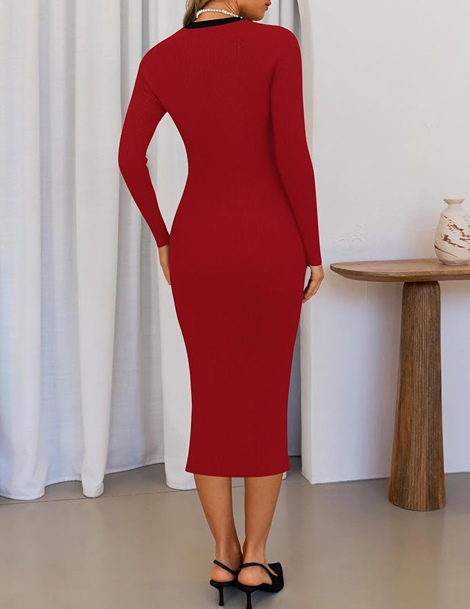 Marian Style Women's Ribbed Crewneck Sweater Dress 2024 Fall Winter Long Sleeve Button Color Block Knit Midi Dresses - Marian Style Boutique