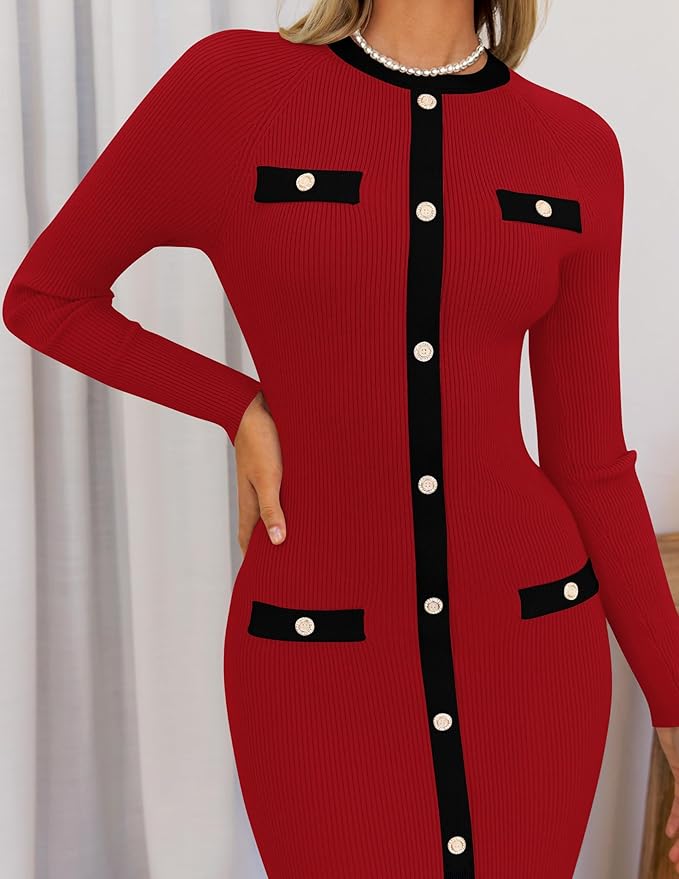 Marian Style Women's Ribbed Crewneck Sweater Dress 2024 Fall Winter Long Sleeve Button Color Block Knit Midi Dresses - Marian Style Boutique