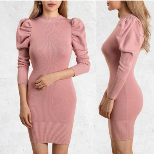 Dress- Ruched Puff Sleeve Ribbed Knit Dress