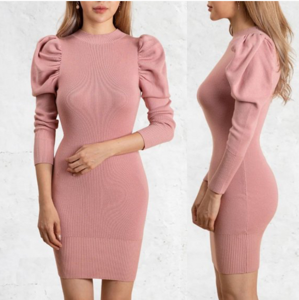 Dress- Ruched Puff Sleeve Ribbed Knit Dress - Marian Style Boutique