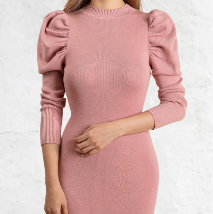 Dress- Ruched Puff Sleeve Ribbed Knit Dress - Marian Style Boutique