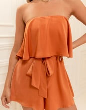 Romper-Burnt Orange linen tiered ruffle tube romper - Marian Style Boutique