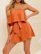 Romper-Burnt Orange linen tiered ruffle tube romper