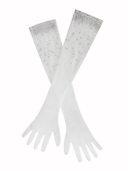 Marian style White Crystal Opera-length Gloves