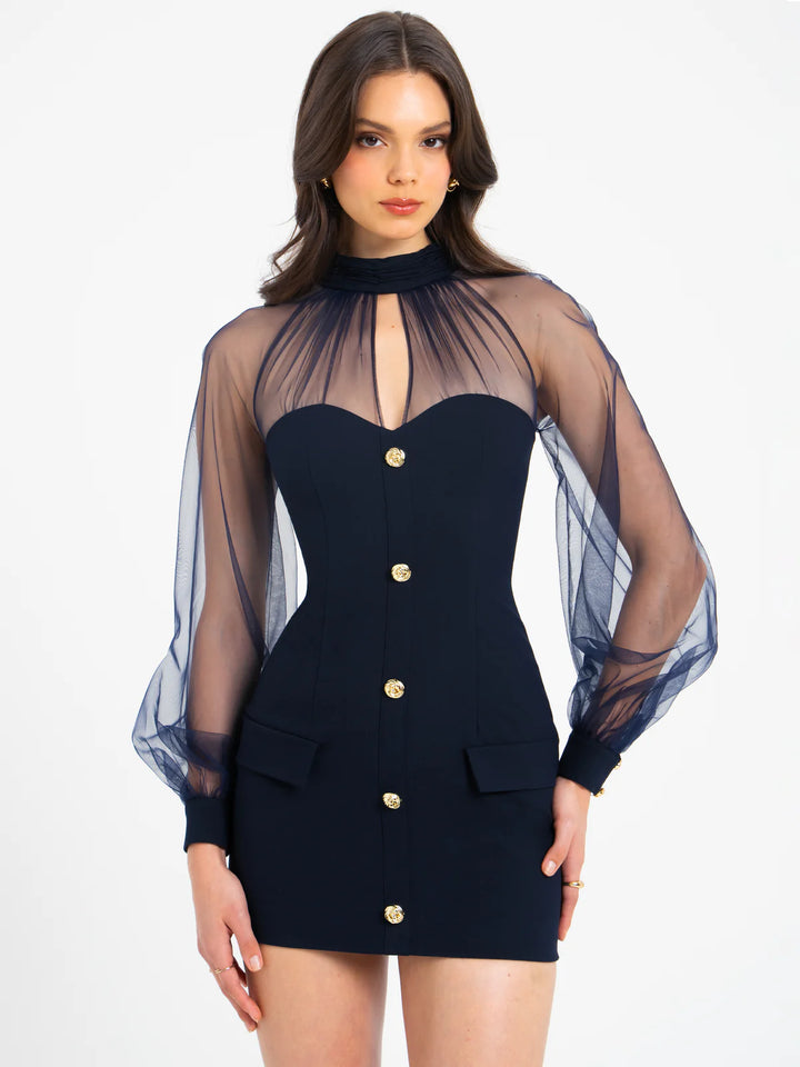 Marian style Tabitha Navy Blue Mesh Lantern Sleeve Mini Dress - Marian Style Boutique