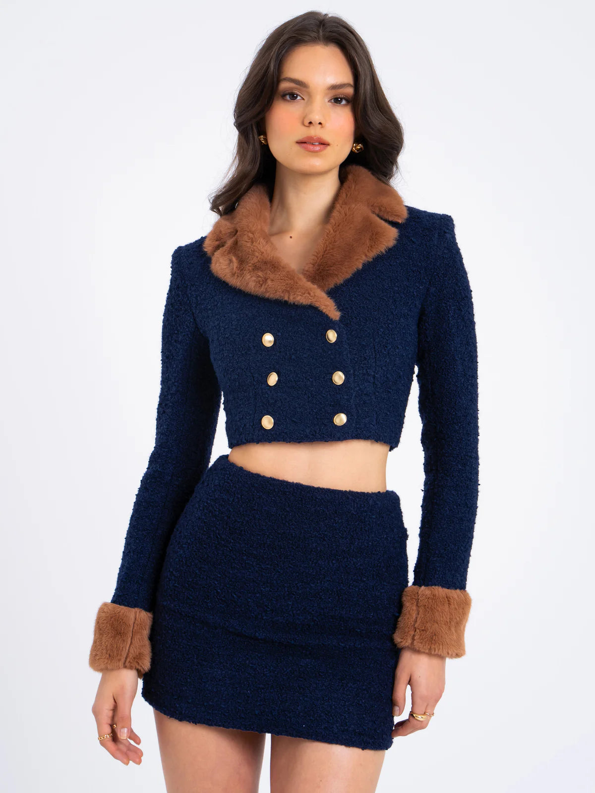 Marian style  Blue Double Breast Fur Trim Cropped Boucle Wool Jacket