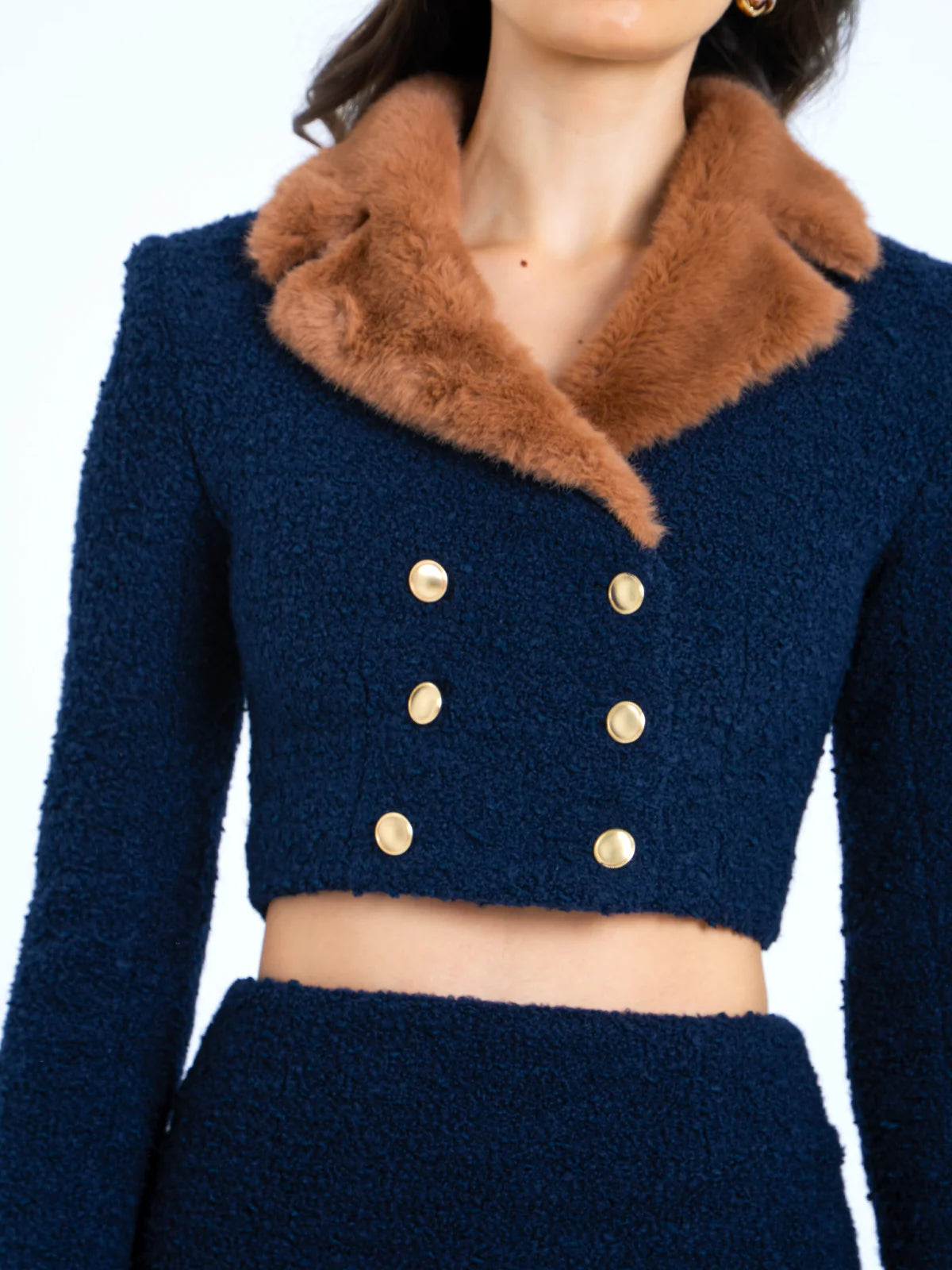 Marian style  Blue Double Breast Fur Trim Cropped Boucle Wool Jacket