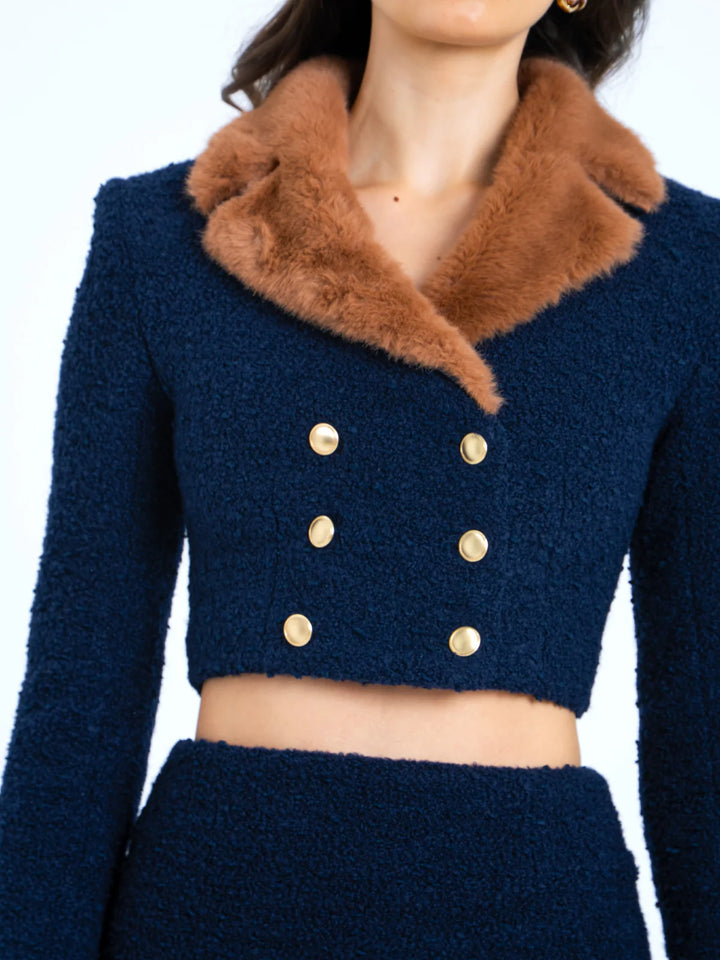 Marian style Blue Double Breast Fur Trim Cropped Boucle Wool Jacket - Marian Style Boutique
