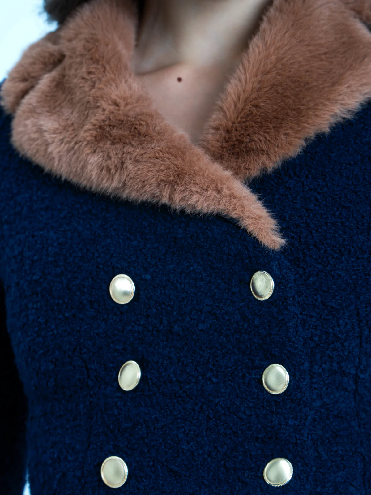 Marian style  Blue Double Breast Fur Trim Cropped Boucle Wool Jacket