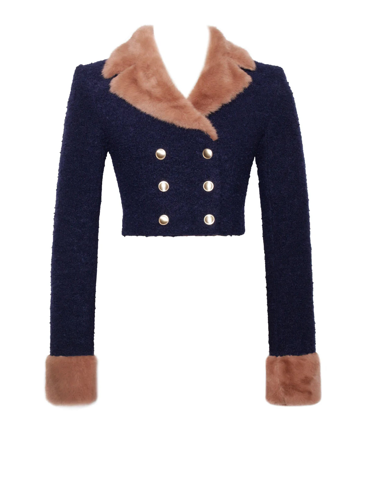 Marian style  Blue Double Breast Fur Trim Cropped Boucle Wool Jacket