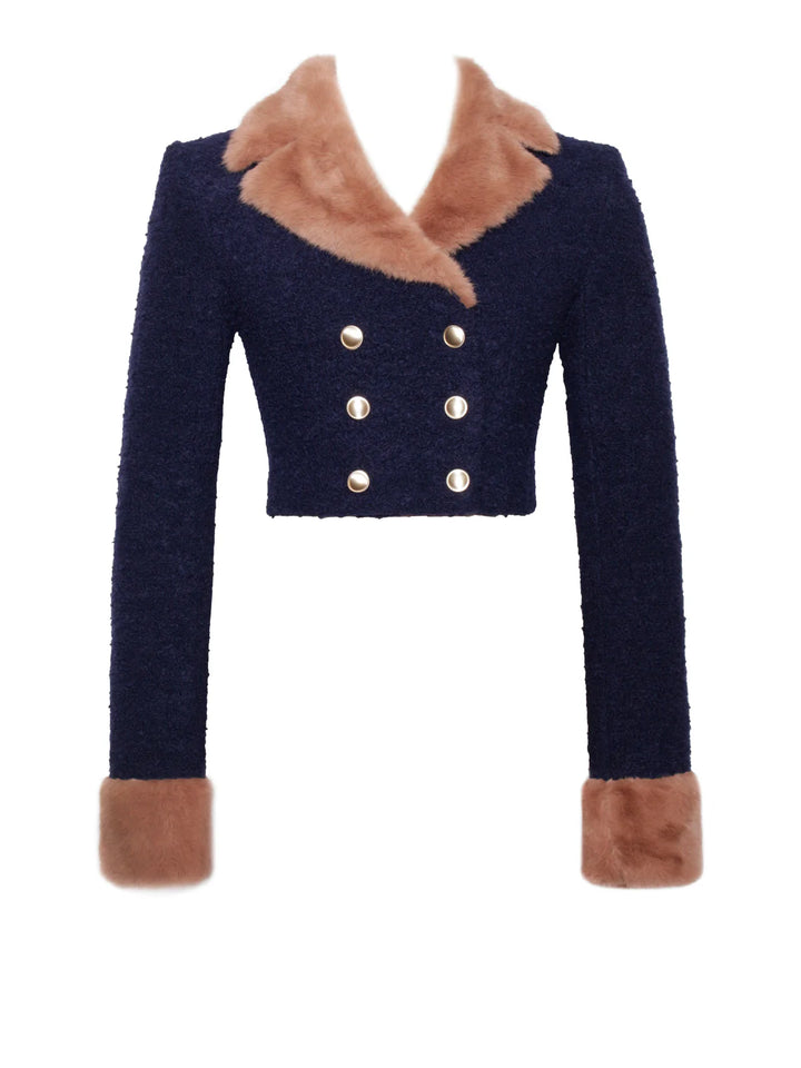 Marian style Blue Double Breast Fur Trim Cropped Boucle Wool Jacket - Marian Style Boutique