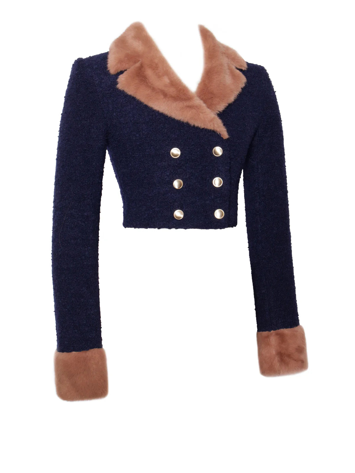 Marian style  Blue Double Breast Fur Trim Cropped Boucle Wool Jacket